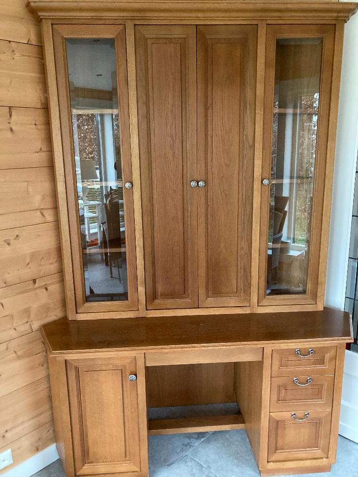 Eiken hoekkast / bureaumeubel met facetglas, Huis en Inrichting, Kasten | Wandmeubels, Zo goed als nieuw, 200 cm of meer, Minder dan 150 cm