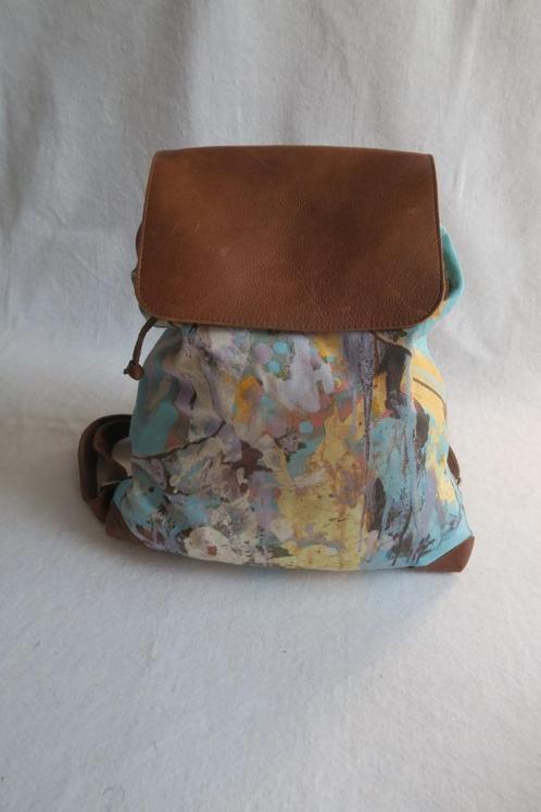 Lokaal kunstwerk op leren en canvas rugzak (blauw en bruin), Sieraden, Tassen en Uiterlijk, Tassen | Schoudertassen, Nieuw, Blauw