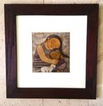 1) - Meisje met kleuter en poesje ca.1990 - Indiase School, Antiek en Kunst, Ophalen of Verzenden