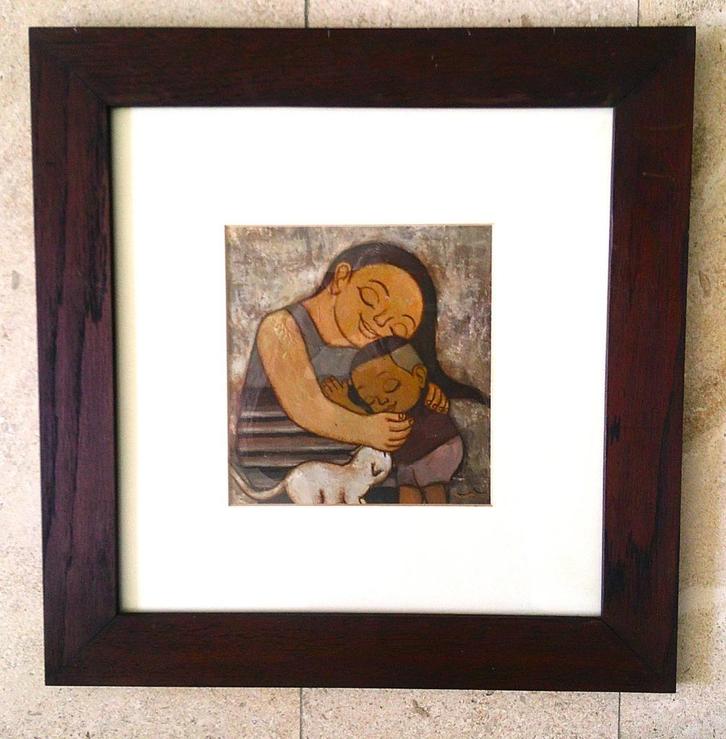 1) - Meisje met kleuter en poesje ca.1990 - Indiase School, Antiek en Kunst, Kunst | Schilderijen | Klassiek, Ophalen of Verzenden