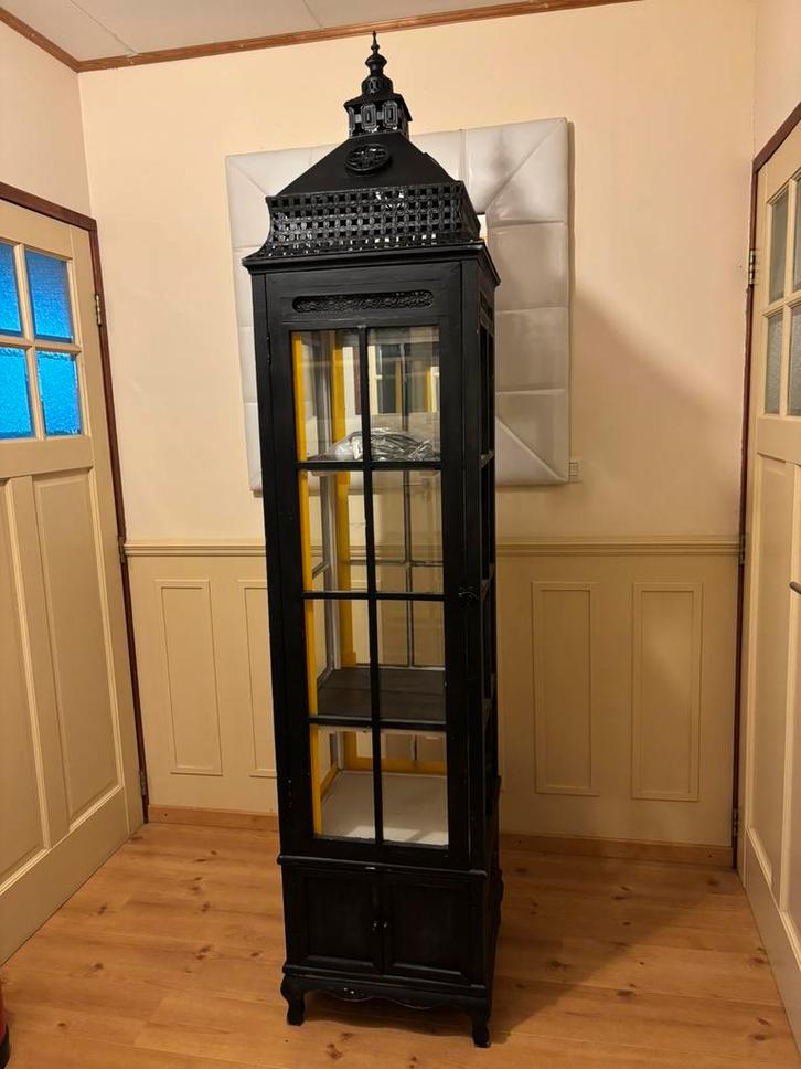 Brocante Industrieel Vitrinekast  + IJzeren Torenkap – Uniek, Huis en Inrichting, Kasten | Vitrinekasten, Zo goed als nieuw, 150 tot 200 cm