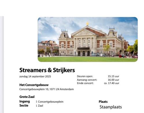 Twee staanplaatsen Streamers & strijkers zondag14 sept.2025, Tickets en Kaartjes, Concerten | Klassiek, Twee personen, September