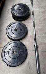 70kg Bumperplates + Olympische Barbell 220cm ,20kg, Ophalen, Gebruikt, Halterschijven
