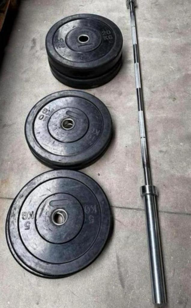 70kg Bumperplates + Olympische Barbell 220cm ,20kg, Sport en Fitness, Fitnessmaterialen, Gebruikt, Halterschijven, Ophalen