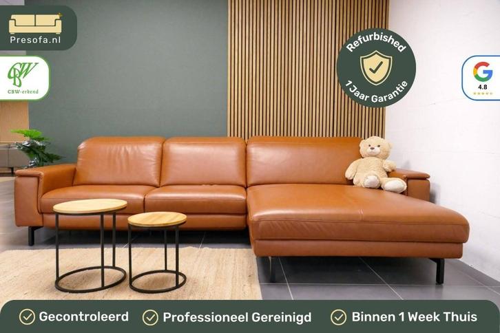 Prominent Chaise Longue Cognac Leer Elektrisch Verstelbaar, Huis en Inrichting, Banken | Bankstellen, Zo goed als nieuw, Hoekbank
