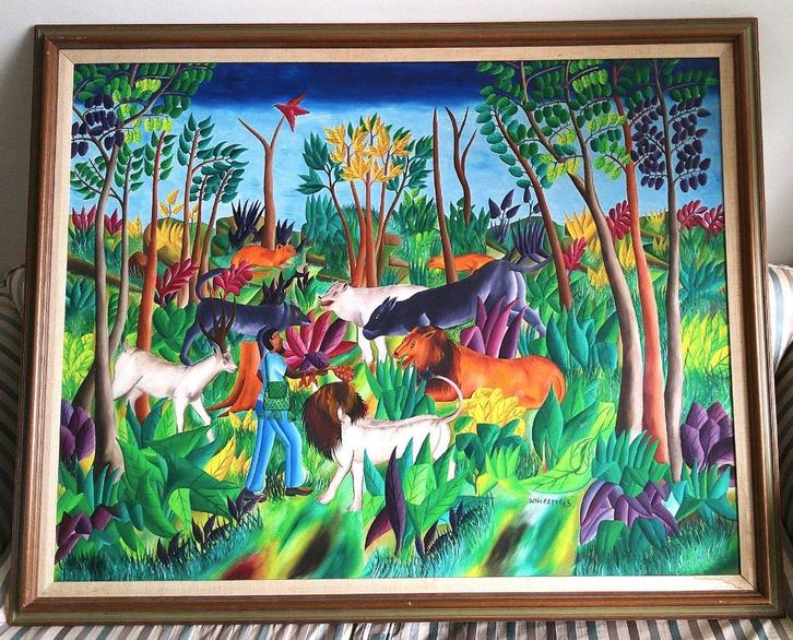 GROOT - Man met dieren in het oerwoud - Daniel Orelus, Antiek en Kunst, Kunst | Schilderijen | Klassiek, Ophalen