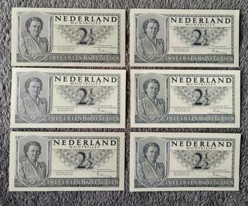 6 puntgave UNC bankbiljetten van 2 1/2 gulden 1949 Wilhelmin beschikbaar voor biedingen