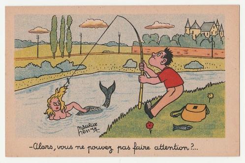 Hengelsport.  Zeemeerminnen.  Illustrateurs.  Humor., Verzamelen, Ansichtkaarten | Themakaarten, Ongelopen, 1940 tot 1960, Overige thema's