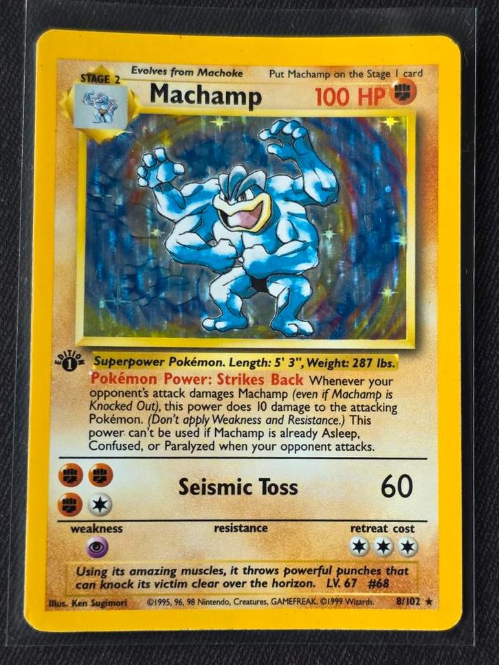 Machamp 8/102 Base Set - Holo - Excellent, Hobby en Vrije tijd, Verzamelkaartspellen | Pokémon, Gebruikt, Losse kaart, Foil, Ophalen of Verzenden