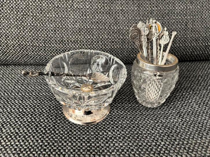 Suikerschepje; suikerschaalje; 9 zilveren/verzilverde lepelt, Antiek en Kunst, Antiek | Goud en Zilver, Zilver, Ophalen