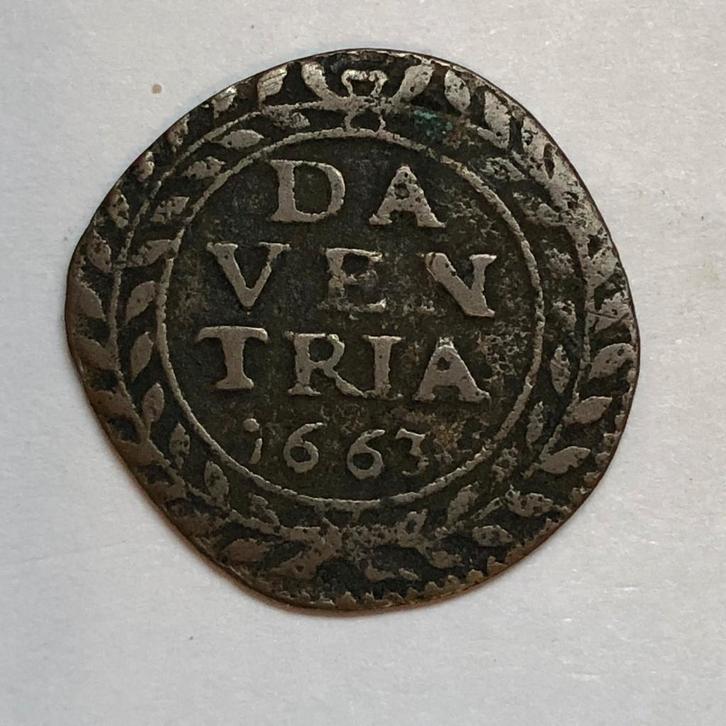 Duit Deventer 1663. Fr/ Zfr., Postzegels en Munten, Munten | Nederland, Losse munt, Overige waardes, Vóór koninkrijk, Ophalen of Verzenden