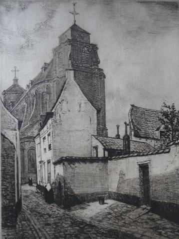 Ets straatje en kerk Mechelen, Jean Baptiste Coene II, 1920 beschikbaar voor biedingen