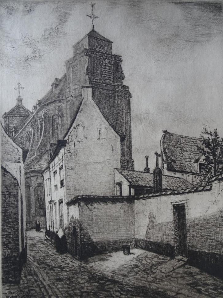 Ets straatje en kerk Mechelen, Jean Baptiste Coene II, 1920, Antiek en Kunst, Kunst | Etsen en Gravures, Verzenden