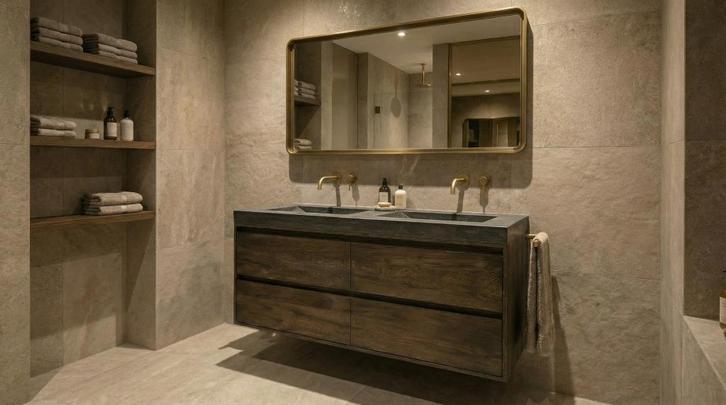 Luxe badmeubelset massief eiken en natuursteen, Huis en Inrichting, Badkamer | Badkamermeubels, Nieuw, Wastafelkast, Minder dan 100 cm