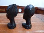 2 Ebbenhouten bustes, man en vrouw, boekensteunen, Antiek en Kunst, Ophalen of Verzenden