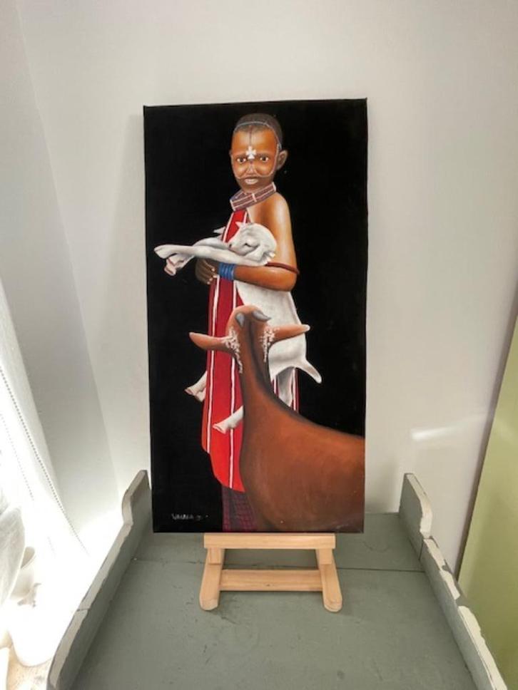 Schilderij op doek / stof. Afrikaans thema. Jongen met geit., Antiek en Kunst, Kunst | Niet-Westerse kunst, Ophalen