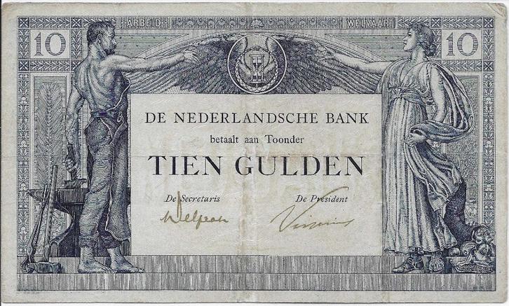 10 gulden 1921 'Arbeid en Welvaart' Fraai, Postzegels en Munten, Bankbiljetten | Nederland, Los biljet, 10 gulden, Ophalen of Verzenden