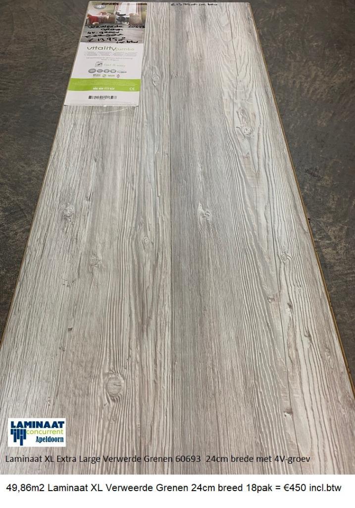 49,86m2 Laminaat XL Verweerde Grenen 24cm breed =€450 in.btw, Huis en Inrichting, Stoffering | Vloerbedekking, Nieuw, Laminaat