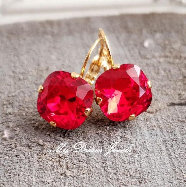 Oorbellen Square met Swarovski Light Siam, Sieraden, Tassen en Uiterlijk, Oorbellen, Nieuw, Hangers, Overige materialen, Rood