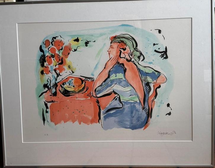 Nic Jonk - De vrouw en de rode tafel, Antiek en Kunst, Kunst | Litho's en Zeefdrukken, Ophalen
