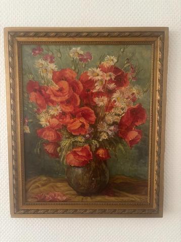 Oud schilderij bloemstilleven klaprozen margrieten in lijst. beschikbaar voor biedingen