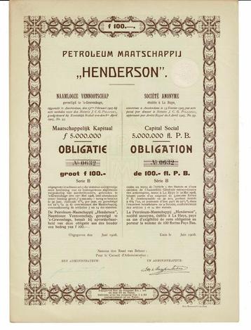 50 x Petroleum Mij Henderson 1908 - Obligatie ƒ100 - Serie B beschikbaar voor biedingen