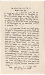 Agnes de Hey 1947 Rijswijk (ZH) + 1966 Rijswijk, 18 jaar oud, Verzamelen, Bidprentjes en Rouwkaarten, Verzenden