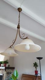 Hanglamp/ dubbele lamp/ glas/ metaal/ brons, Huis en Inrichting, Lampen | Hanglampen, Zo goed als nieuw, 50 tot 75 cm, Ophalen