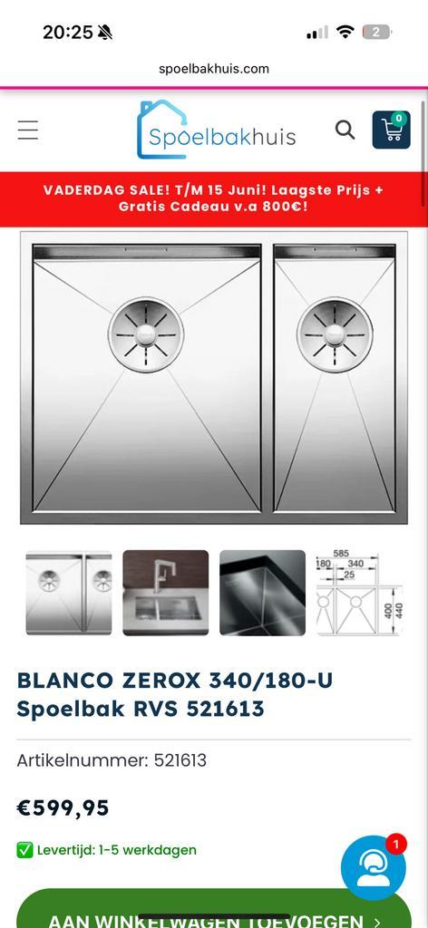 Blanco RVS spoelbak 340/180, Huis en Inrichting, Keuken | Keukenelementen, Zo goed als nieuw, Minder dan 100 cm, 25 tot 50 cm