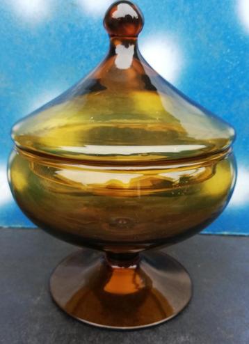 Snoeppot. Amber glas. Empoli. Italy. 19 cm. Vintage.  beschikbaar voor biedingen