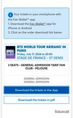 BTS Tickets Parijs/Paris 17-07-2026 - 2x Staanplaatsen/GA, Twee personen, Juli