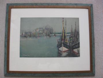 Jean Brunet, "Havengezicht te St. Malo". Mooie aquarel. beschikbaar voor biedingen