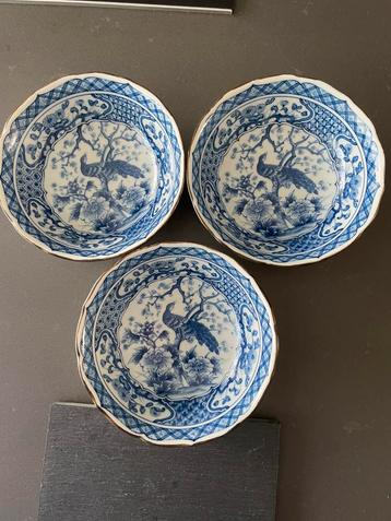 3 porseleinen schaaltjes met vogel blauw wit  beschikbaar voor biedingen