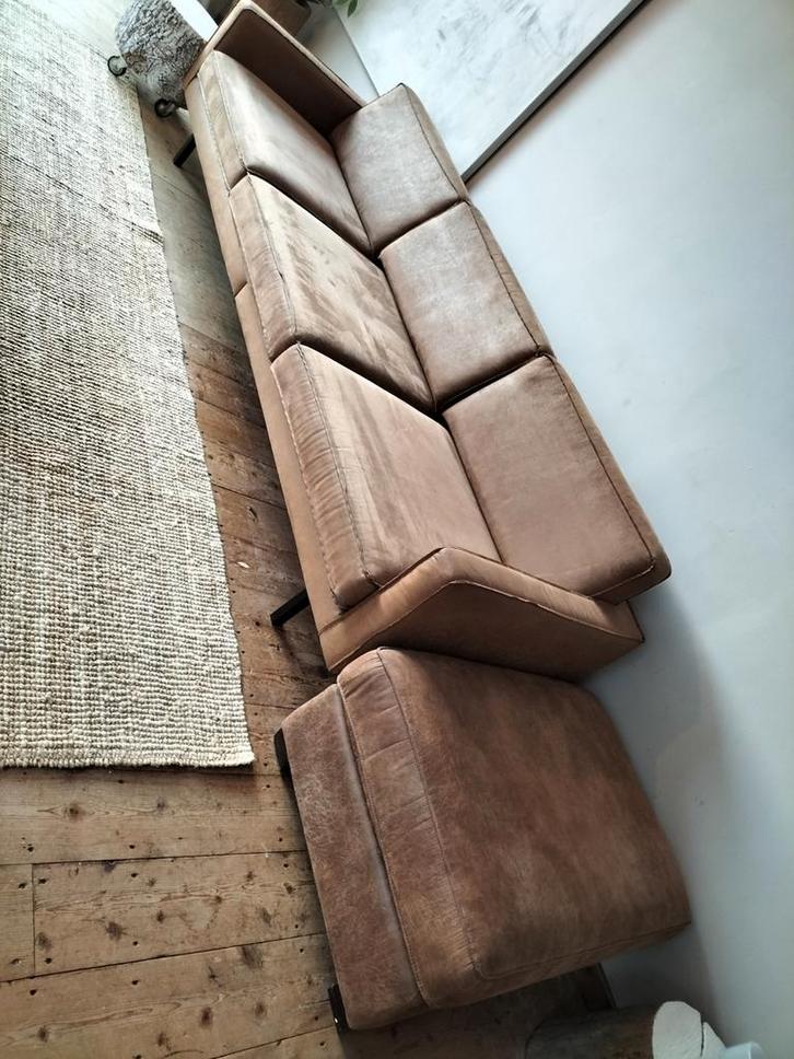 Bank cognac 4-zits & Hocker, Poef, Huis en Inrichting, Banken | Bankstellen, Vierpersoons of meer, 75 tot 100 cm, Ophalen