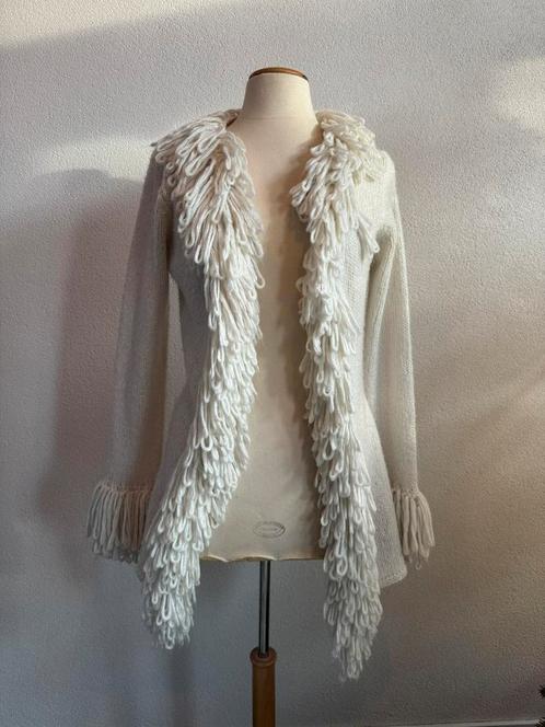Vintage Y2K boho lang gebreid vest met franjes, Kleding | Dames, Truien en Vesten, Zo goed als nieuw, Maat 42/44 (L), Wit, Ophalen of Verzenden