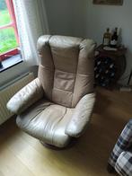 lichtbruine leren relax (draai) fauteuil; hoge rugleuning, Ophalen, Gebruikt, Bruin, Hout