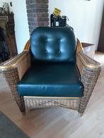 Vintage rotan stoel (2), bank met losse groene skai kussens., Huis en Inrichting, Ophalen, Gebruikt, 75 tot 100 cm