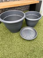 2 Elho bloempotten en 1 schotel antraciet, Ophalen, Kunststof, Gebruikt, Minder dan 60 cm