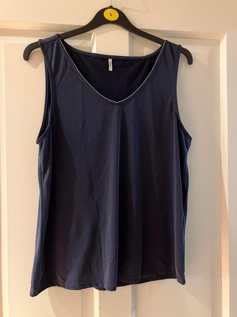 Nieuw =donkerblauw hemdje-topje-top glitterrand=Only/L, Blauw, Maat 42/44 (L), Nieuw, Ophalen of Verzenden
