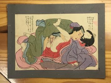 Antieke Japanse shunga houtblok prent beschikbaar voor biedingen