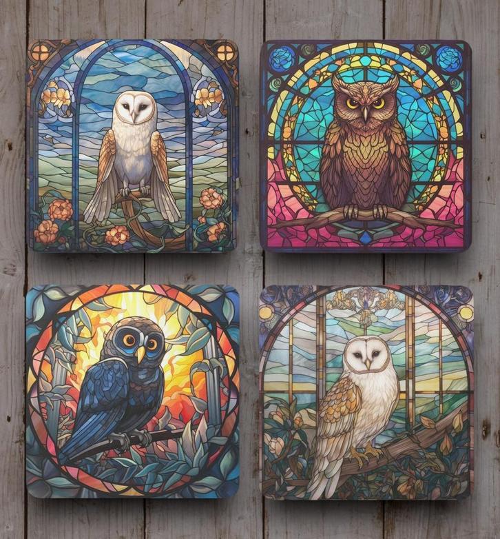 Uil Glas in Lood onderzetters met houder, Huis en Inrichting, Woonaccessoires | Onderzetters, Nieuw, Glas of Kopje, Ophalen of Verzenden