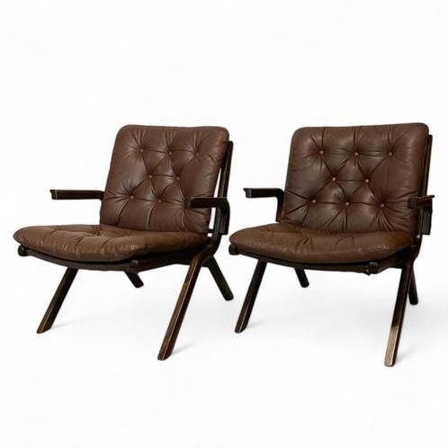 Set van 2 vintage Uno chair van Ekornes, Huis en Inrichting, Fauteuils, Gebruikt, Hout, Leer, Stof, 50 tot 75 cm, 75 tot 100 cm