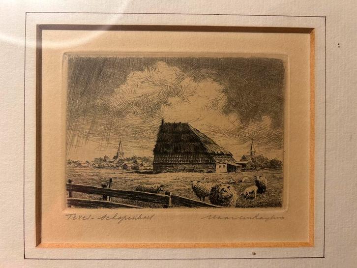 Originele ets – Maarten Langbroek – “Texel, schapenboet”, Antiek en Kunst, Kunst | Schilderijen | Klassiek, Ophalen of Verzenden