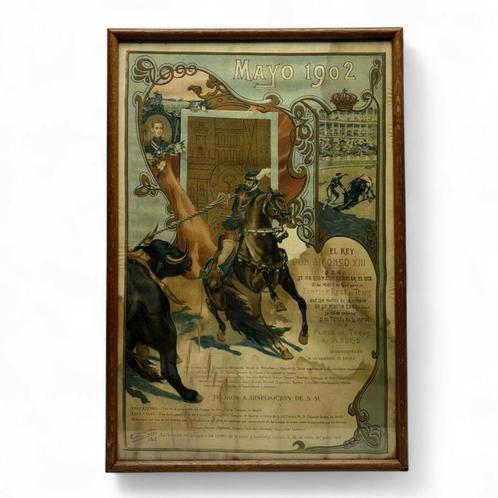 Koninklijke stiergevechten, kleurendruk op zijde, 1902, Verzamelen, Posters, Gebruikt, Dier of Natuur, A1 t/m A3, Met lijst, Ophalen of Verzenden