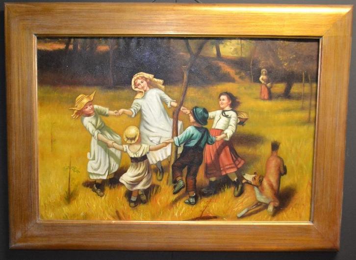 Schilderij Dansen in het veld - Olieverf, lijst goud verguld, Antiek en Kunst, Kunst | Schilderijen | Klassiek, Ophalen of Verzenden