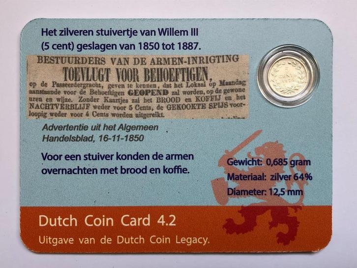 Dutch Coin Card 4.2. Stuiver Willem III., Postzegels en Munten, Munten | Nederland, Losse munt, 5 cent, Koning Willem III, Zilver