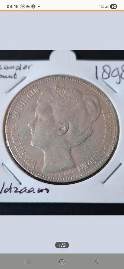 2 1/2 Gulden (Rijksdaalder) 1898 zonder punt. Zeer zeldzaam, Postzegels en Munten, Munten | Nederland, Losse munt, 2½ gulden, Koningin Wilhelmina