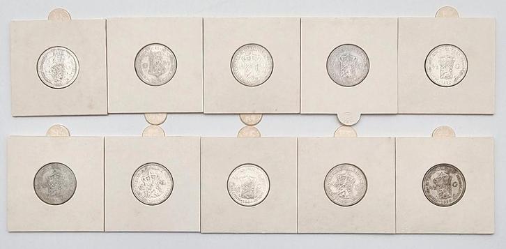 1064. Tien zilveren halve guldens, 1913–1930, Postzegels en Munten, Munten | Nederland, Setje, ½ gulden, Koningin Wilhelmina, Zilver