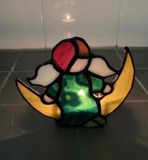 Waxinelichthouder, glas in lood, engeltje, maan, vintage, Huis en Inrichting, Woonaccessoires | Kandelaars en Kaarsen, Ophalen