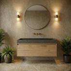 Luxe badmeubelset massief eiken en natuursteen, Ophalen, 100 tot 150 cm, Nieuw, Minder dan 100 cm